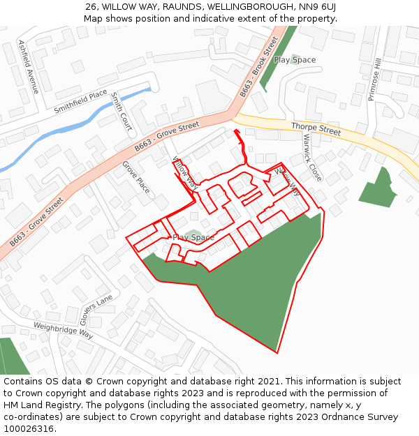 26, WILLOW WAY, RAUNDS, WELLINGBOROUGH, NN9 6UJ: Location map and indicative extent of plot