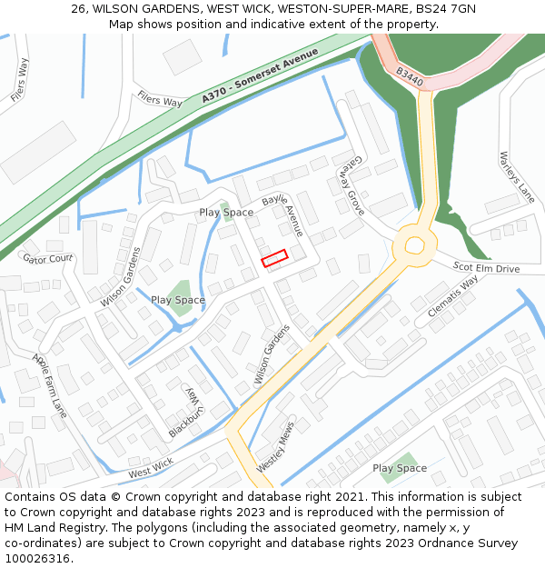 26, WILSON GARDENS, WEST WICK, WESTON-SUPER-MARE, BS24 7GN: Location map and indicative extent of plot