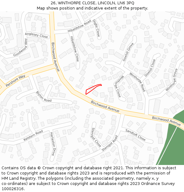 26, WINTHORPE CLOSE, LINCOLN, LN6 3PQ: Location map and indicative extent of plot