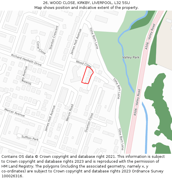 26, WOOD CLOSE, KIRKBY, LIVERPOOL, L32 5SU: Location map and indicative extent of plot
