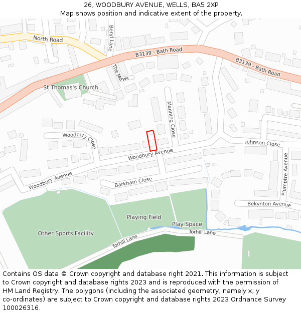 26, WOODBURY AVENUE, WELLS, BA5 2XP: Location map and indicative extent of plot