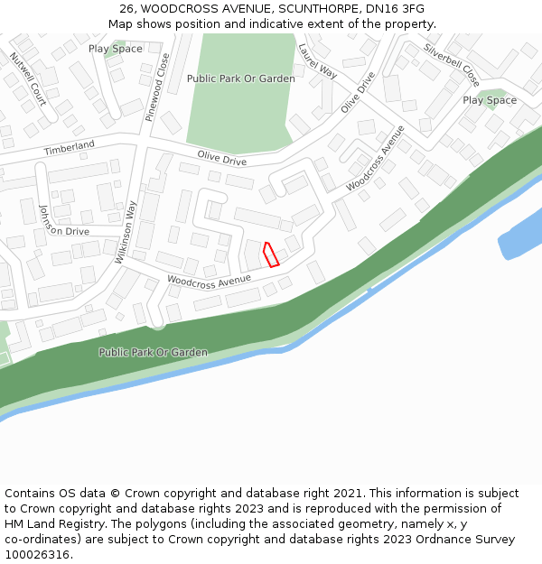 26, WOODCROSS AVENUE, SCUNTHORPE, DN16 3FG: Location map and indicative extent of plot