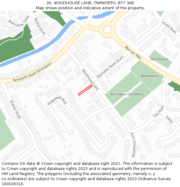 26, WOODHOUSE LANE, TAMWORTH, B77 3AE: Location map and indicative extent of plot