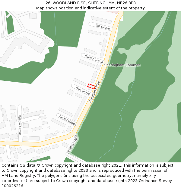 26, WOODLAND RISE, SHERINGHAM, NR26 8PR: Location map and indicative extent of plot