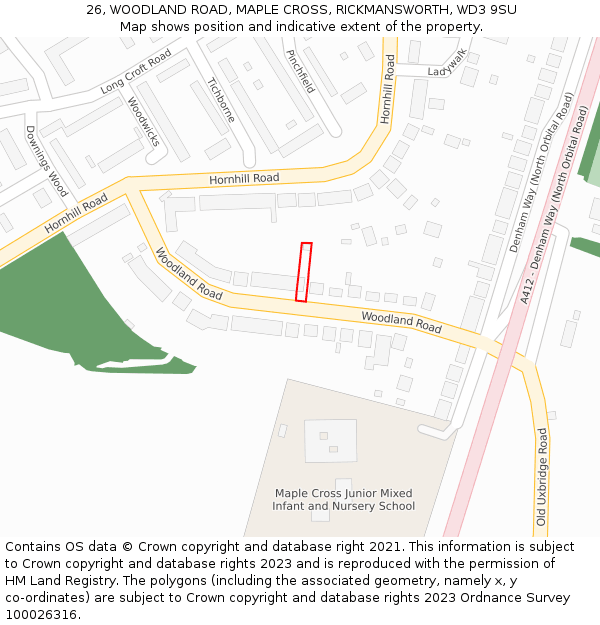 26, WOODLAND ROAD, MAPLE CROSS, RICKMANSWORTH, WD3 9SU: Location map and indicative extent of plot