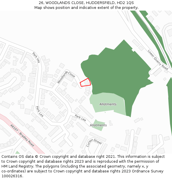 26, WOODLANDS CLOSE, HUDDERSFIELD, HD2 1QS: Location map and indicative extent of plot