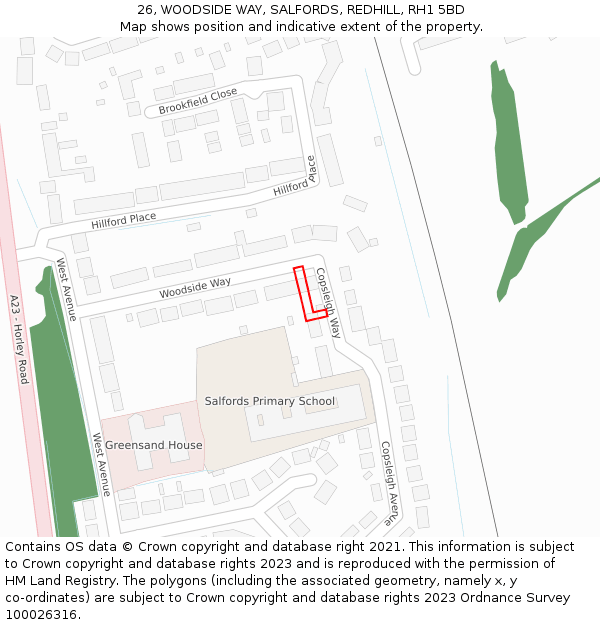 26, WOODSIDE WAY, SALFORDS, REDHILL, RH1 5BD: Location map and indicative extent of plot