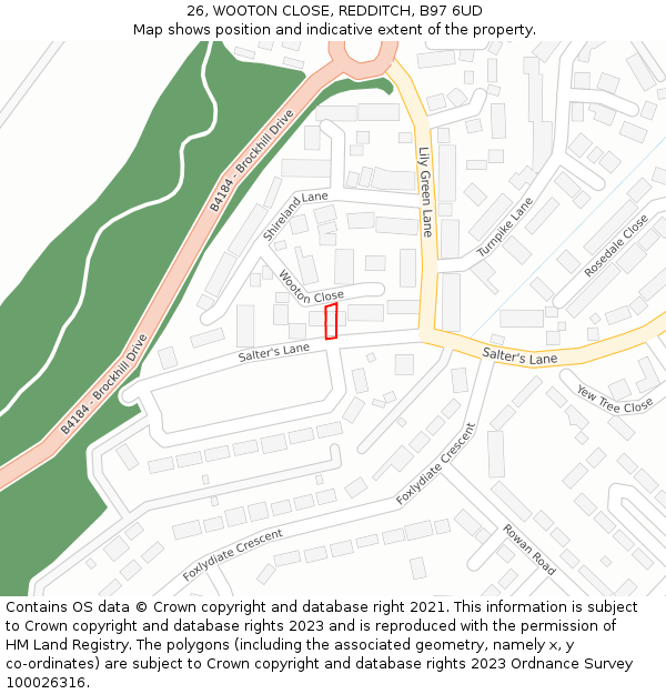 26, WOOTON CLOSE, REDDITCH, B97 6UD: Location map and indicative extent of plot