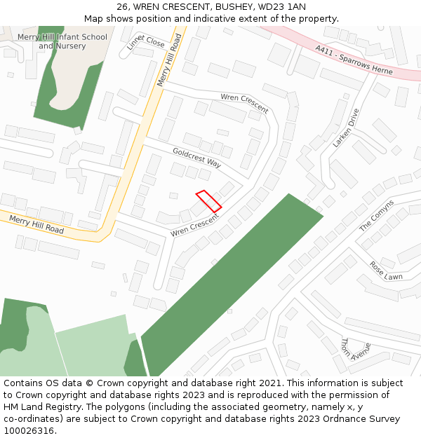 26, WREN CRESCENT, BUSHEY, WD23 1AN: Location map and indicative extent of plot