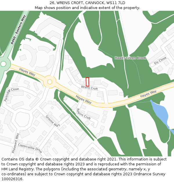26, WRENS CROFT, CANNOCK, WS11 7LD: Location map and indicative extent of plot