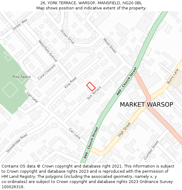 26, YORK TERRACE, WARSOP, MANSFIELD, NG20 0BL: Location map and indicative extent of plot