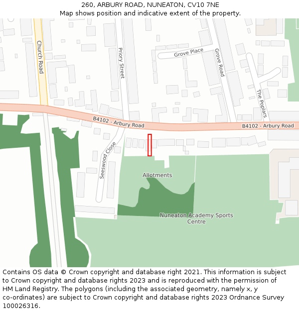 260, ARBURY ROAD, NUNEATON, CV10 7NE: Location map and indicative extent of plot
