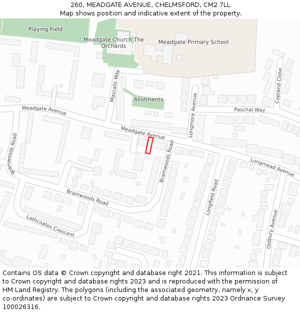 260, MEADGATE AVENUE, CHELMSFORD, CM2 7LL: Location map and indicative extent of plot