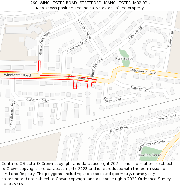 260, WINCHESTER ROAD, STRETFORD, MANCHESTER, M32 9PU: Location map and indicative extent of plot
