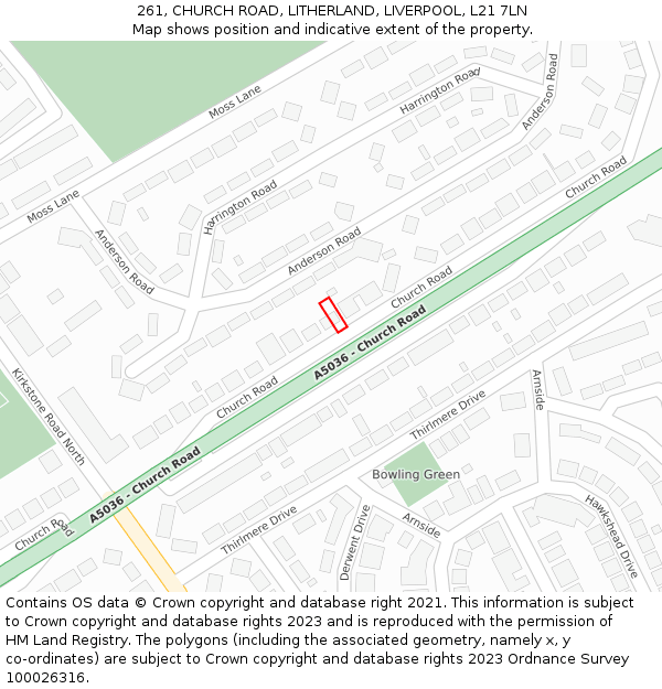 261, CHURCH ROAD, LITHERLAND, LIVERPOOL, L21 7LN: Location map and indicative extent of plot