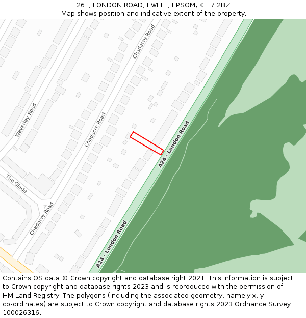 261, LONDON ROAD, EWELL, EPSOM, KT17 2BZ: Location map and indicative extent of plot