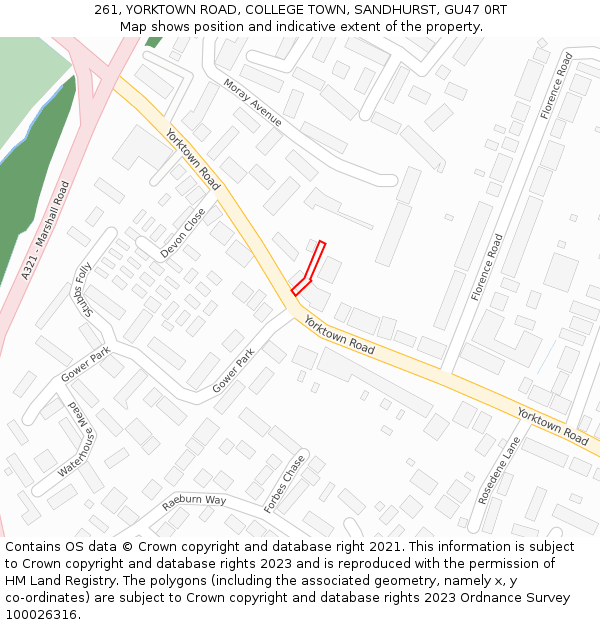 261, YORKTOWN ROAD, COLLEGE TOWN, SANDHURST, GU47 0RT: Location map and indicative extent of plot