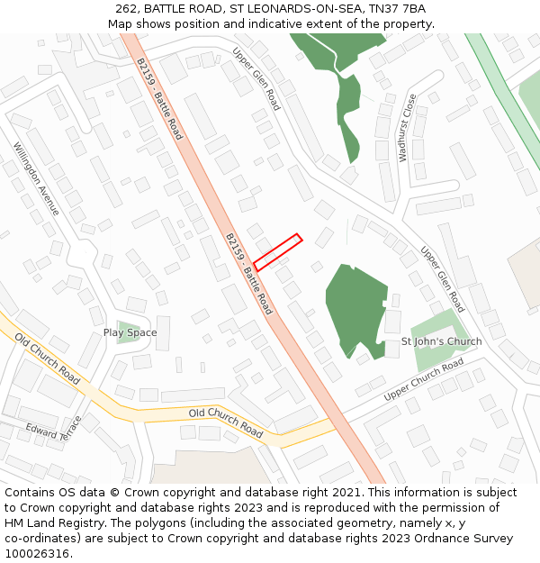 262, BATTLE ROAD, ST LEONARDS-ON-SEA, TN37 7BA: Location map and indicative extent of plot