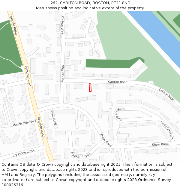 262, CARLTON ROAD, BOSTON, PE21 8ND: Location map and indicative extent of plot