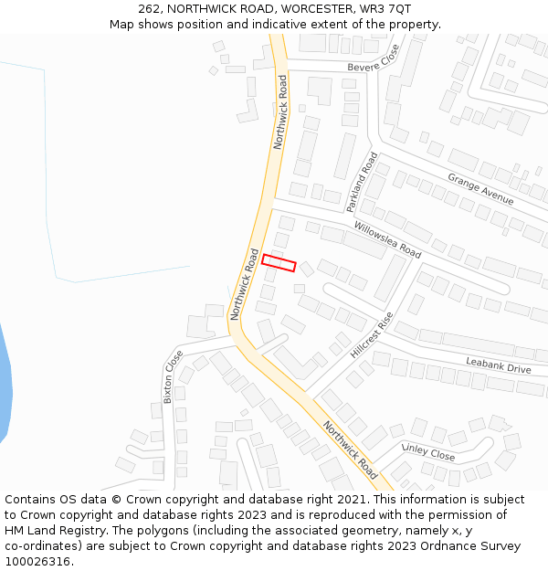 262, NORTHWICK ROAD, WORCESTER, WR3 7QT: Location map and indicative extent of plot