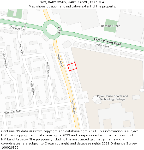 262, RABY ROAD, HARTLEPOOL, TS24 8LA: Location map and indicative extent of plot