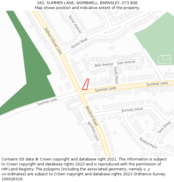 262, SUMMER LANE, WOMBWELL, BARNSLEY, S73 8QE: Location map and indicative extent of plot