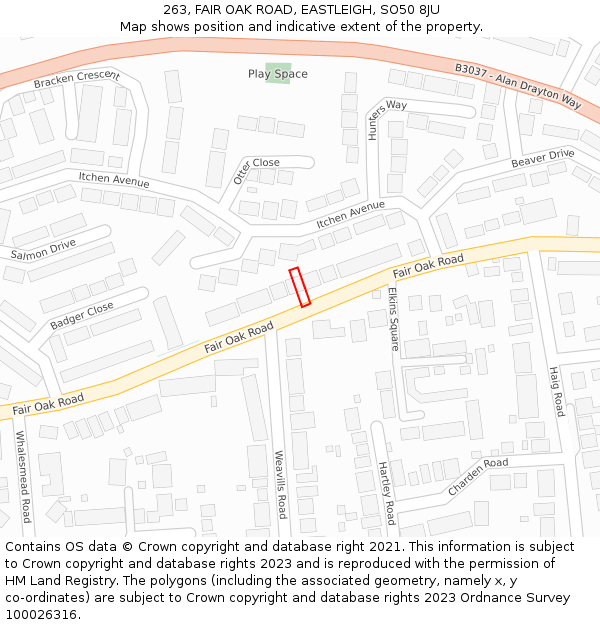 263, FAIR OAK ROAD, EASTLEIGH, SO50 8JU: Location map and indicative extent of plot