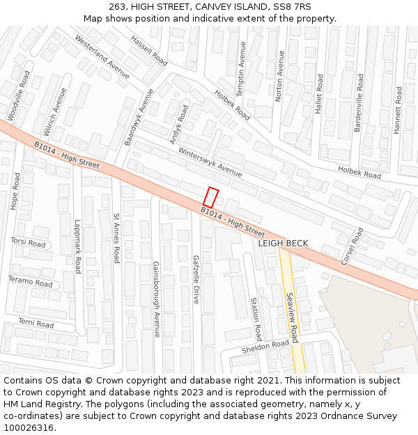 263, HIGH STREET, CANVEY ISLAND, SS8 7RS: Location map and indicative extent of plot