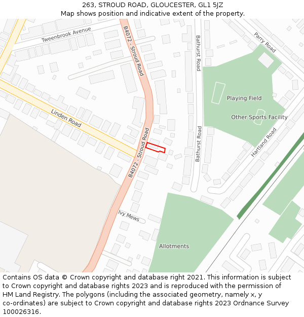 263, STROUD ROAD, GLOUCESTER, GL1 5JZ: Location map and indicative extent of plot
