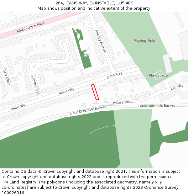 264, JEANS WAY, DUNSTABLE, LU5 4PS: Location map and indicative extent of plot
