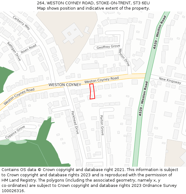 264, WESTON COYNEY ROAD, STOKE-ON-TRENT, ST3 6EU: Location map and indicative extent of plot