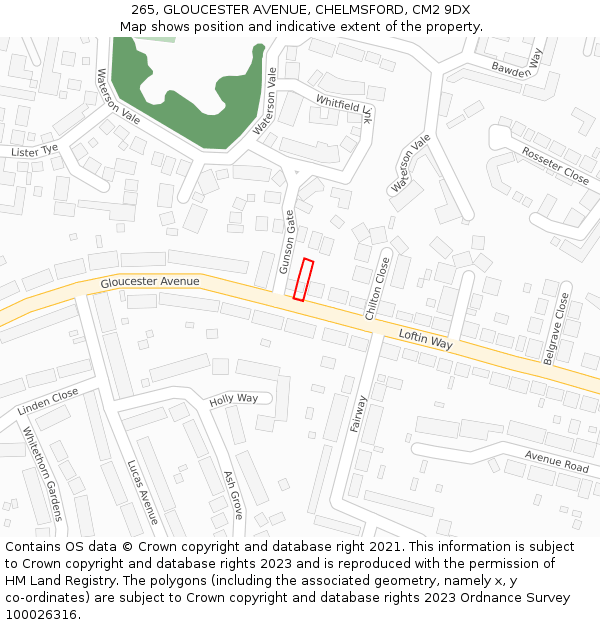265, GLOUCESTER AVENUE, CHELMSFORD, CM2 9DX: Location map and indicative extent of plot