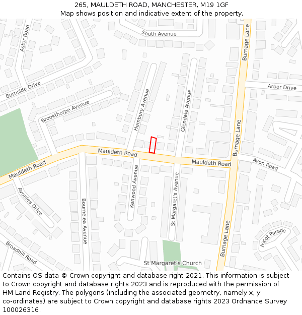 265, MAULDETH ROAD, MANCHESTER, M19 1GF: Location map and indicative extent of plot