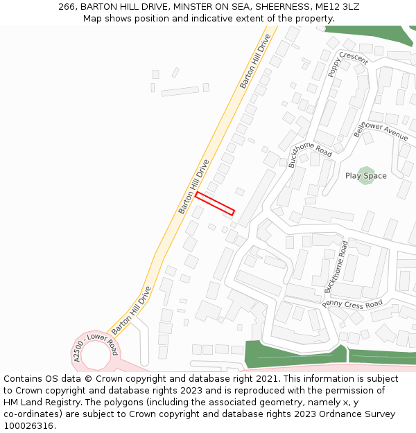 266, BARTON HILL DRIVE, MINSTER ON SEA, SHEERNESS, ME12 3LZ: Location map and indicative extent of plot