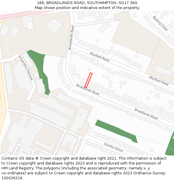 266, BROADLANDS ROAD, SOUTHAMPTON, SO17 3AS: Location map and indicative extent of plot