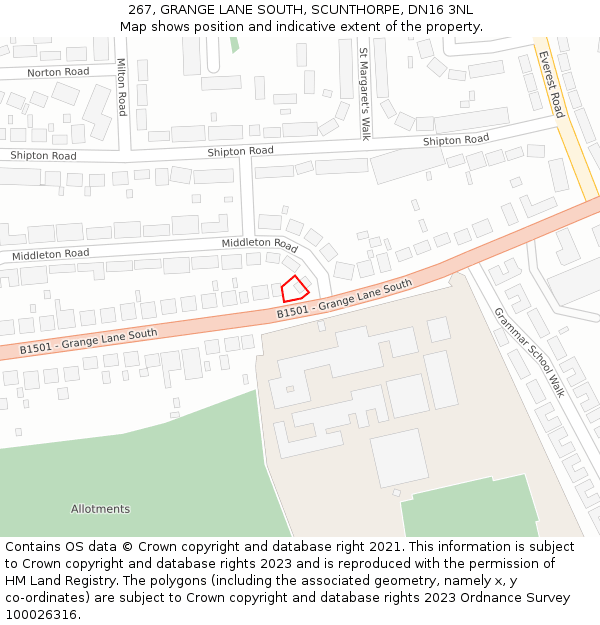 267, GRANGE LANE SOUTH, SCUNTHORPE, DN16 3NL: Location map and indicative extent of plot