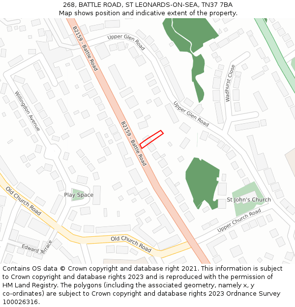 268, BATTLE ROAD, ST LEONARDS-ON-SEA, TN37 7BA: Location map and indicative extent of plot