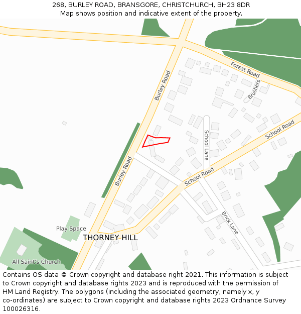 268, BURLEY ROAD, BRANSGORE, CHRISTCHURCH, BH23 8DR: Location map and indicative extent of plot