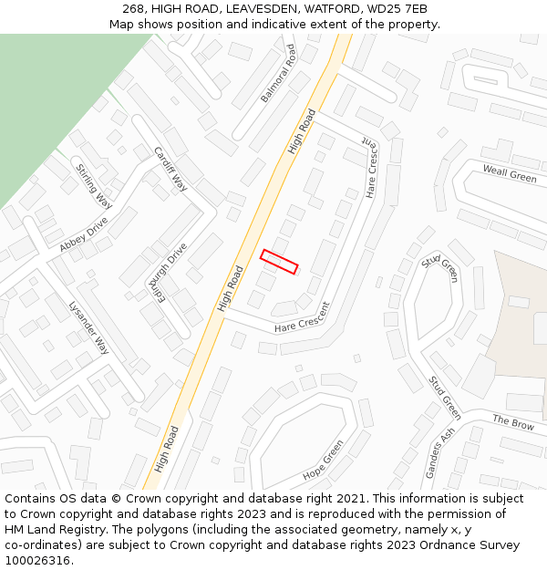 268, HIGH ROAD, LEAVESDEN, WATFORD, WD25 7EB: Location map and indicative extent of plot