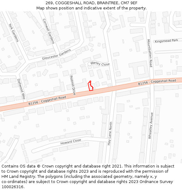269, COGGESHALL ROAD, BRAINTREE, CM7 9EF: Location map and indicative extent of plot