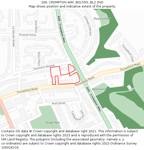 269, CROMPTON WAY, BOLTON, BL2 2ND: Location map and indicative extent of plot