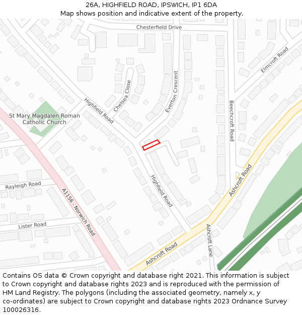 26A, HIGHFIELD ROAD, IPSWICH, IP1 6DA: Location map and indicative extent of plot