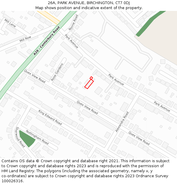 26A, PARK AVENUE, BIRCHINGTON, CT7 0DJ: Location map and indicative extent of plot