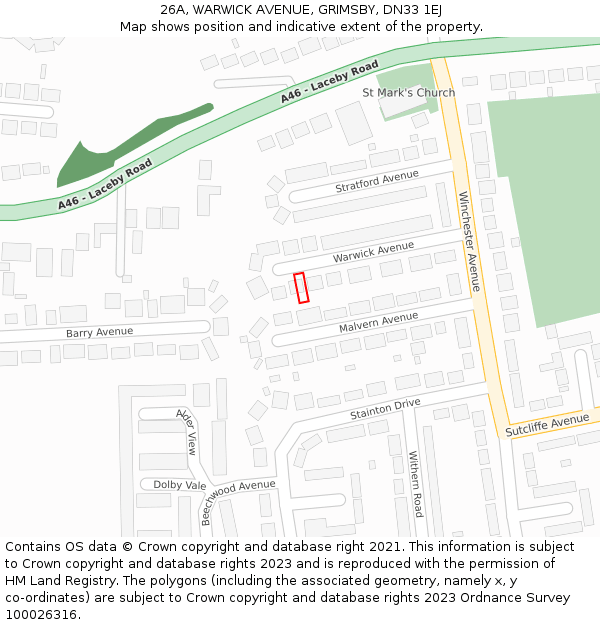 26A, WARWICK AVENUE, GRIMSBY, DN33 1EJ: Location map and indicative extent of plot