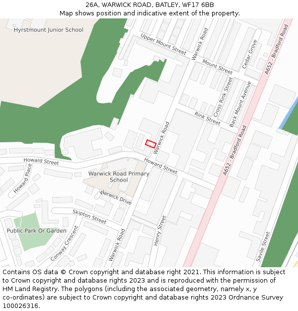 26A, WARWICK ROAD, BATLEY, WF17 6BB: Location map and indicative extent of plot