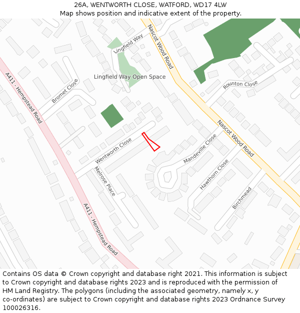 26A, WENTWORTH CLOSE, WATFORD, WD17 4LW: Location map and indicative extent of plot