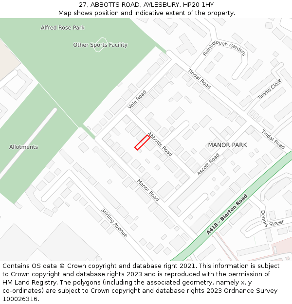 27, ABBOTTS ROAD, AYLESBURY, HP20 1HY: Location map and indicative extent of plot