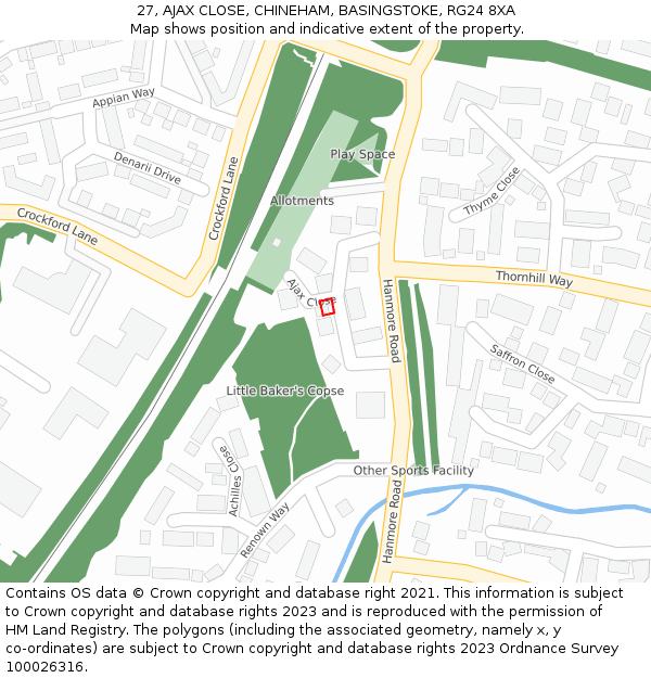 27, AJAX CLOSE, CHINEHAM, BASINGSTOKE, RG24 8XA: Location map and indicative extent of plot