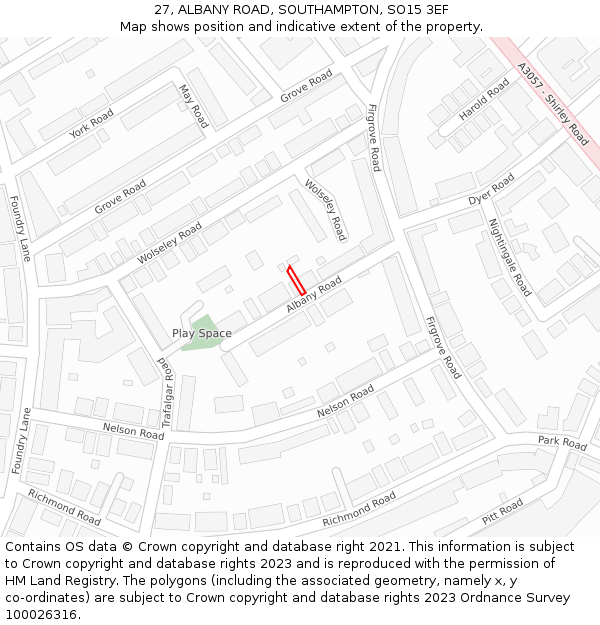27, ALBANY ROAD, SOUTHAMPTON, SO15 3EF: Location map and indicative extent of plot