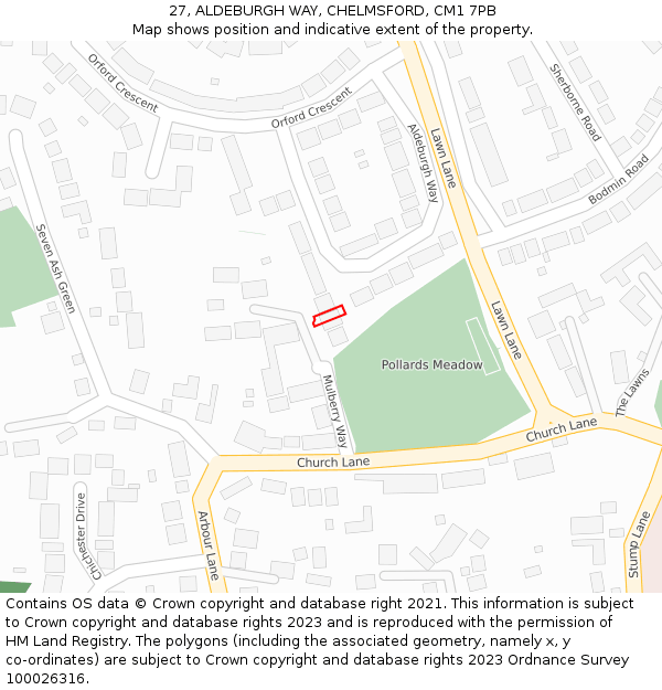 27, ALDEBURGH WAY, CHELMSFORD, CM1 7PB: Location map and indicative extent of plot